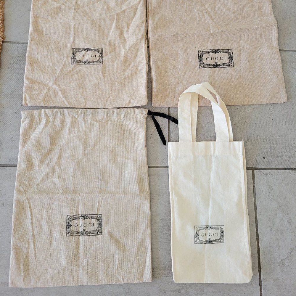 LOT 4 Gucci Natural Canvas Linen Logo Tote Bag Dust Bag
